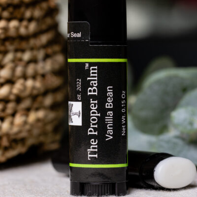 Vanilla bean lip balm on display.