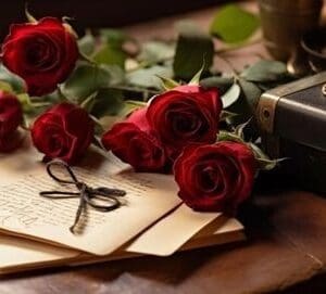 A bunch of roses sitting on top of some papers.