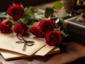 A bunch of roses sitting on top of some papers.