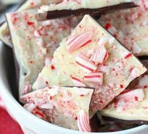 Bowl of peppermint bark with crushed candy canes