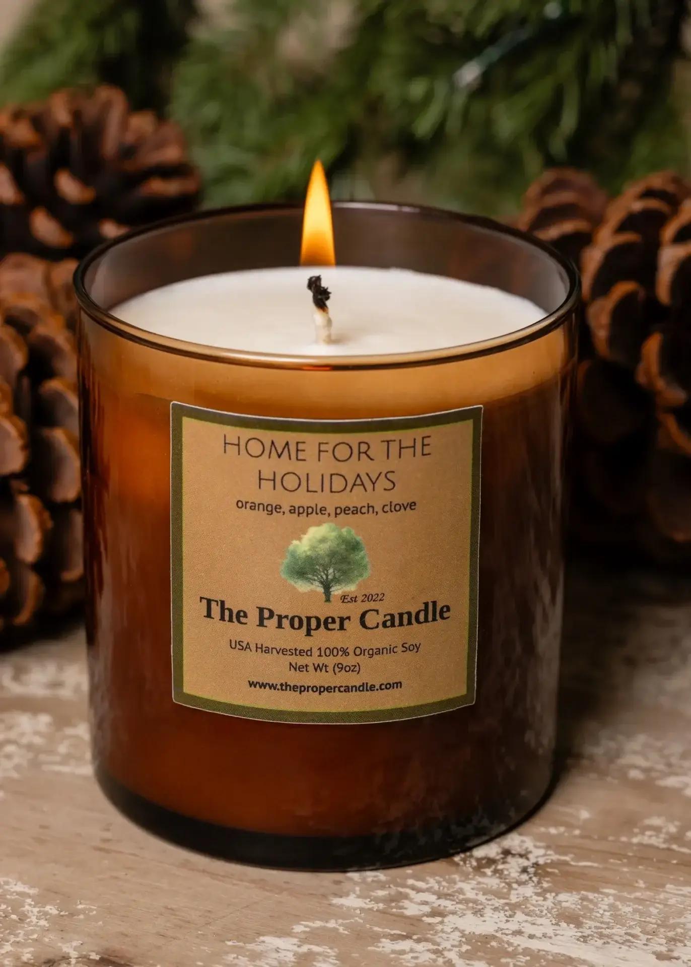 Candle burning with pinecones in background.